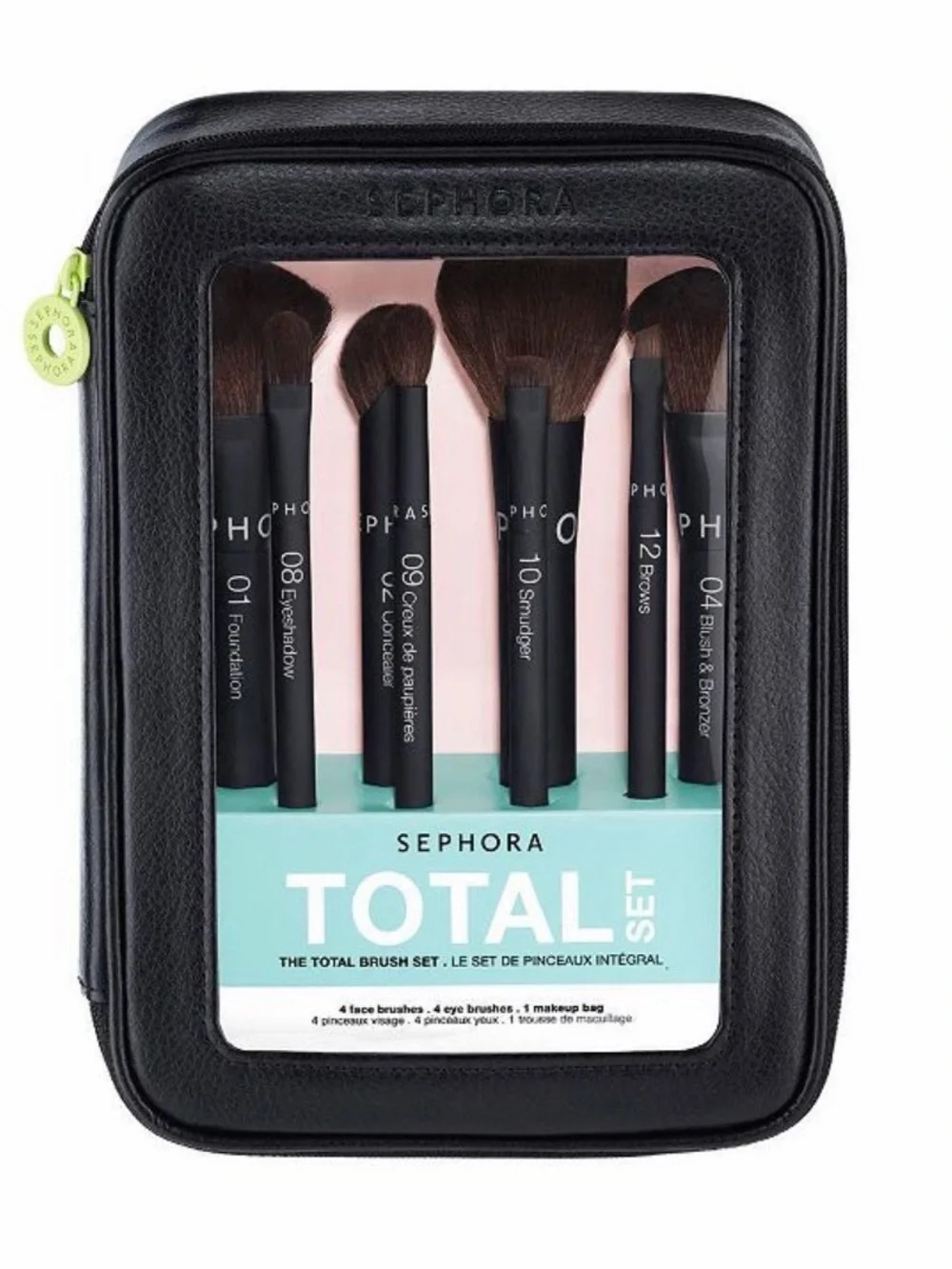 Sephora Makeup Brush Set in Black with Mint and Pink Accents